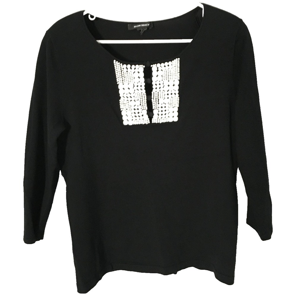 Ellen Tracy Shirt Womens Medium Black Beaded Neckline 3/4 Sleeve Embellished Top
